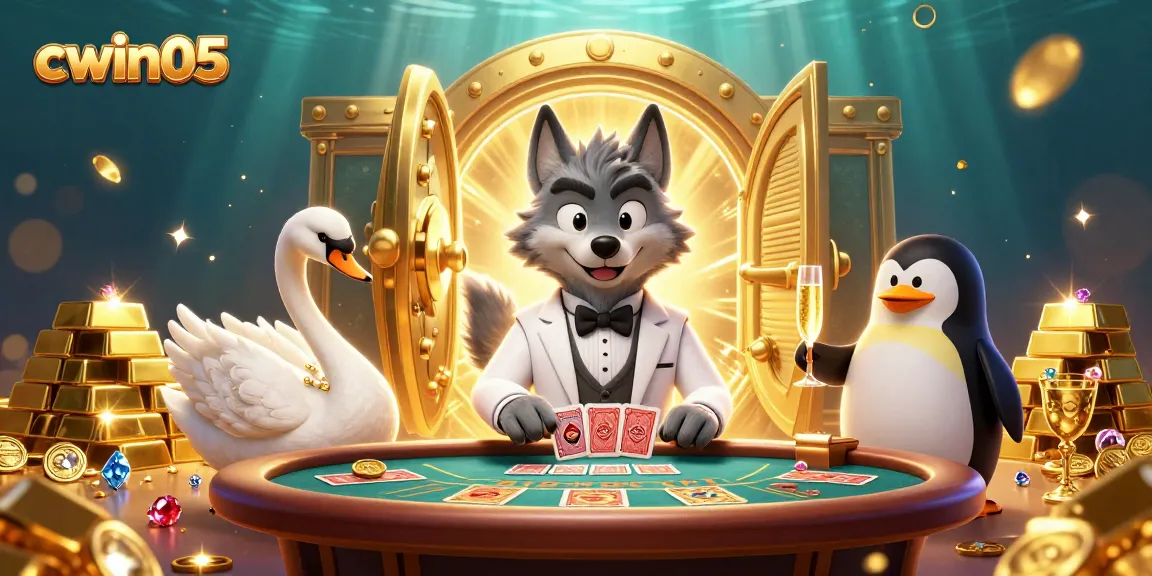 Win big at cwin05 with this vibrant casino scene featuring a wolf, swan, and penguin!