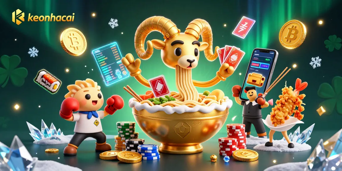 Engage with keonhacai as a golden ramen bowl character offers cards and chips in a dynamic casino scene