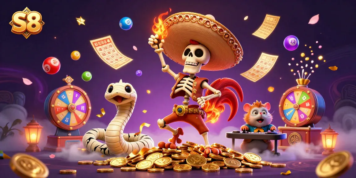 Join the excitement at S8, where a skeleton mariachi rooster dances on a treasure of golden coins with vibrant game elements!
