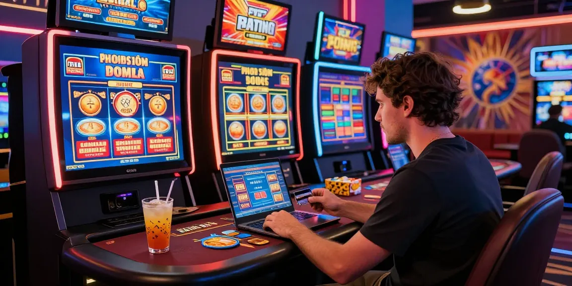 Player at a credit card casino enjoying various games, with vibrant ambiance and credit card for deposits.