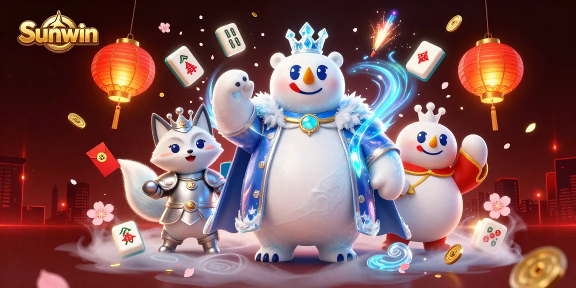 Win big at Sunwin with a vibrant illustration of a polar bear and fox amidst floating casino elements.