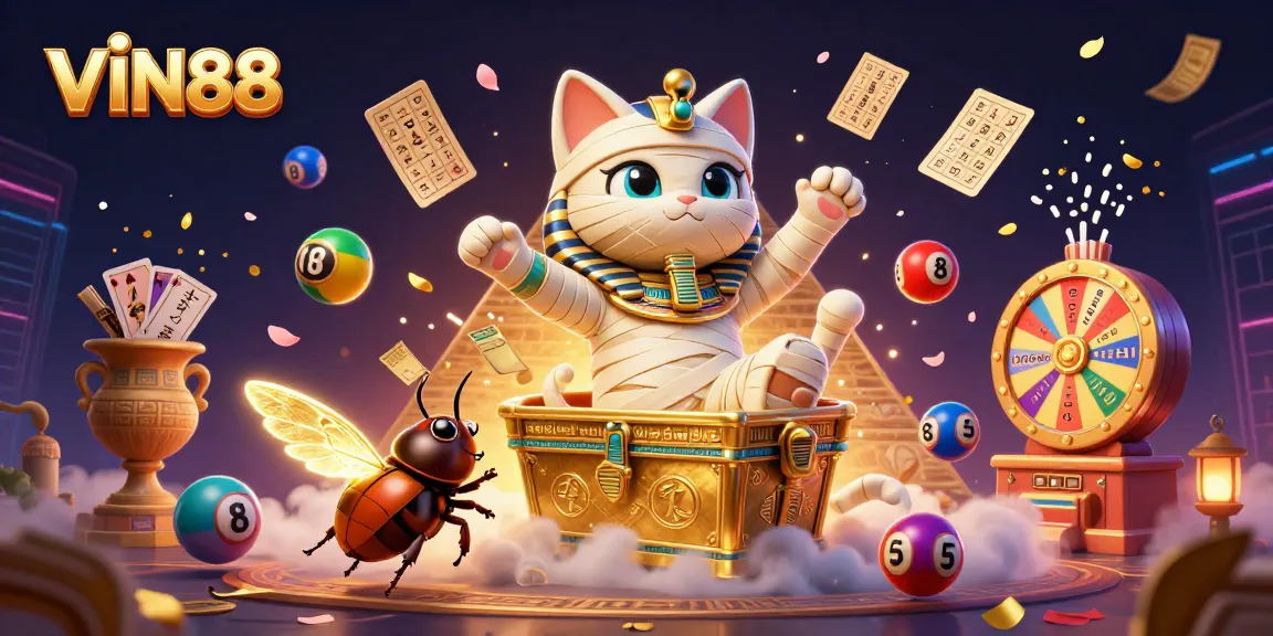 Play thrilling lottery games with VIN88's vibrant Egyptian-themed casino illustration