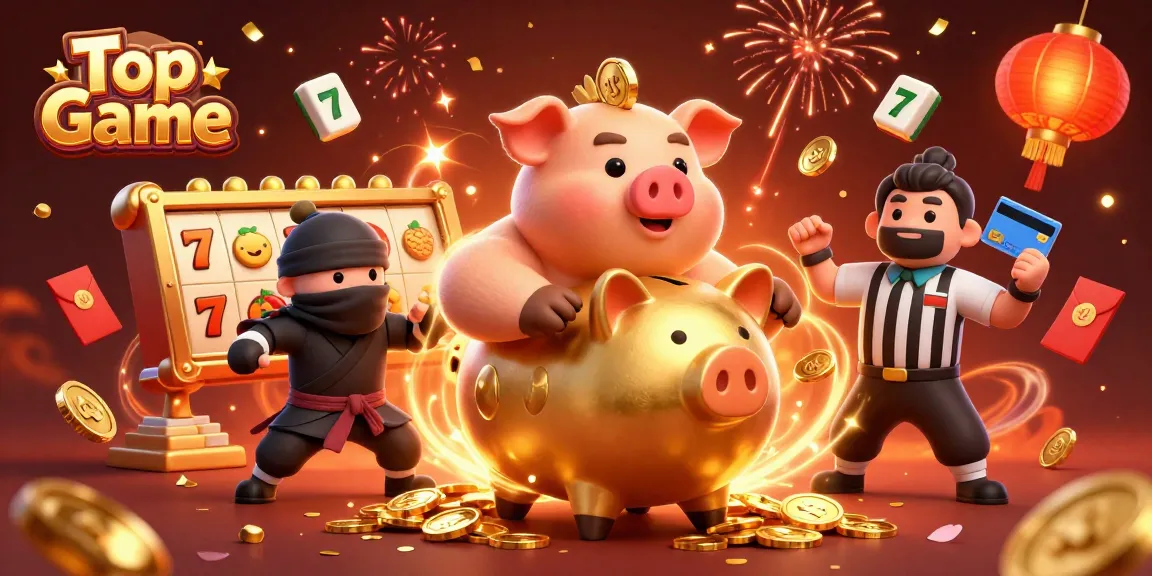 Experience the excitement of Top Game with a golden piggy bank sumo wrestler amidst slot reels and celebratory elements.