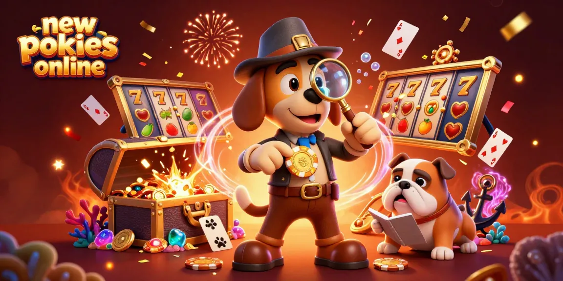 Play exciting new pokies online with a cartoon detective and treasure clues in a vibrant casino scene.