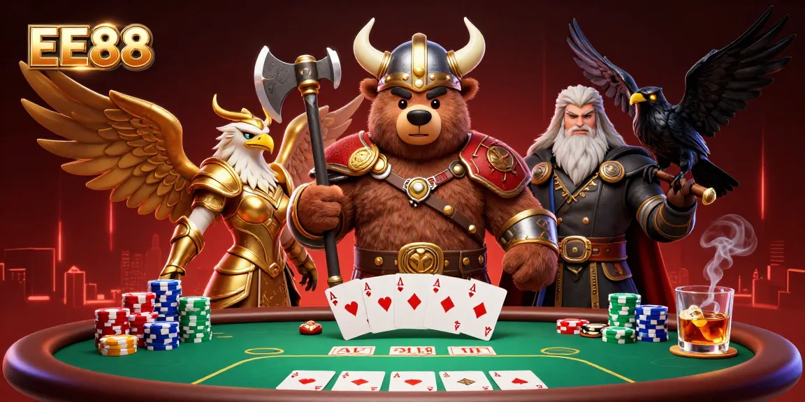 Engage with EE88's vibrant poker scene featuring Viking characters, chips, and cards.